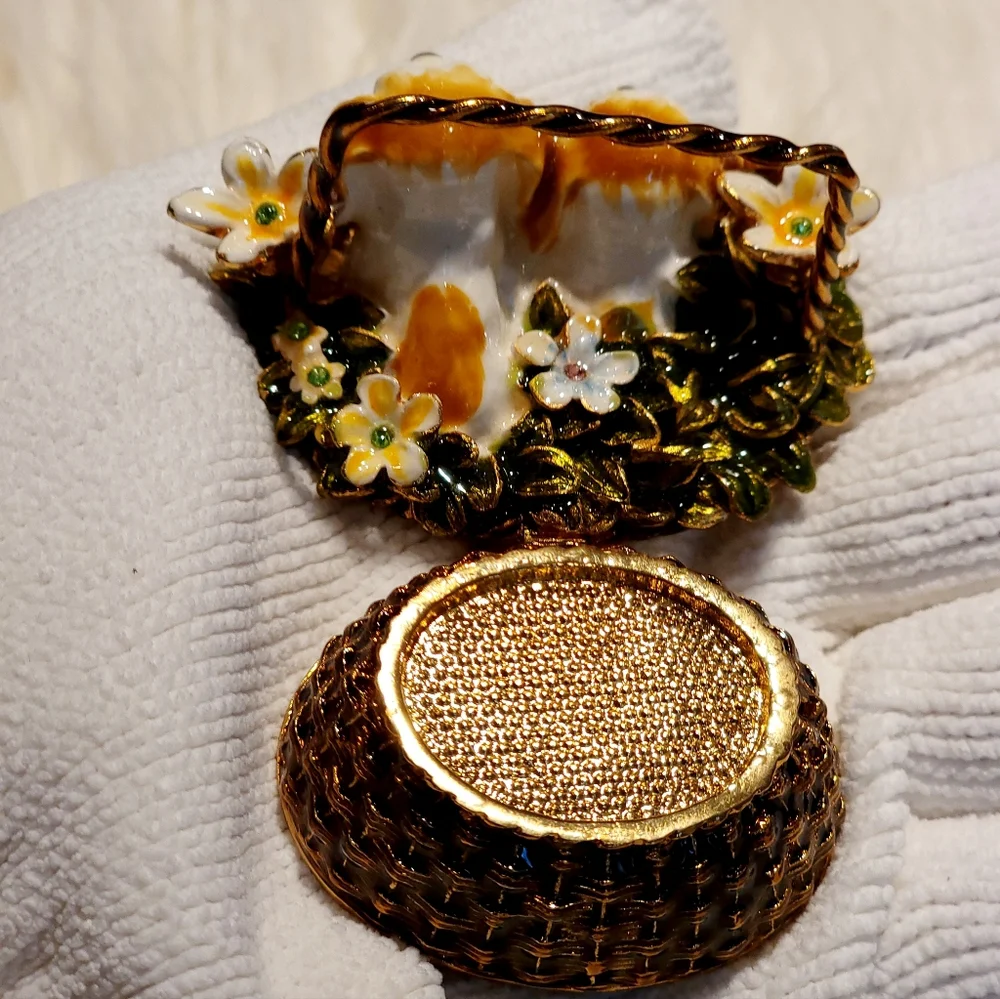 Bejeweled Puppies in Basket Hinged Metal Enameled Trinket Box  - New